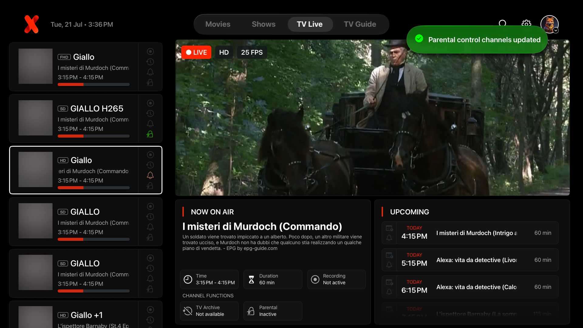 IPTVX live television interface displayed on a large-screen TV